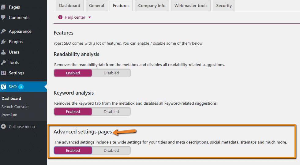 enable yoast seo advanced features